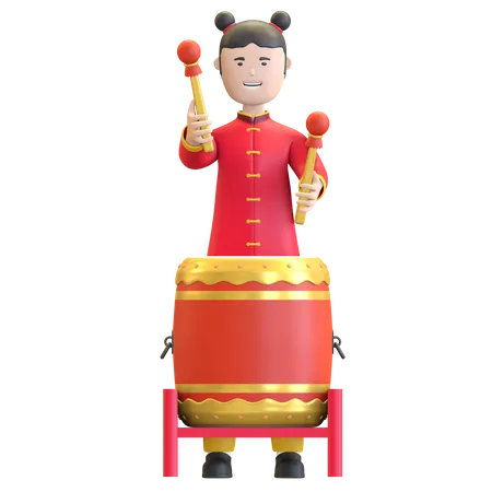 Chinese Girl playing traditional percussion drum  3D Illustration