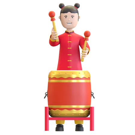 Chinese Girl playing traditional percussion drum 3D Illustration