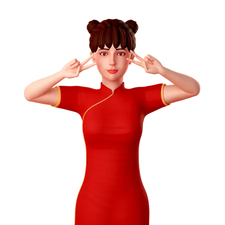 Chinese girl posing with peace hands gesture near in her eye  3D Illustration