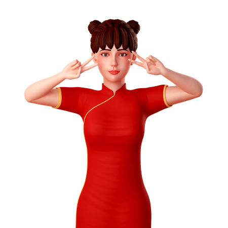 Chinese girl posing with peace hands gesture near in her eye  3D Illustration