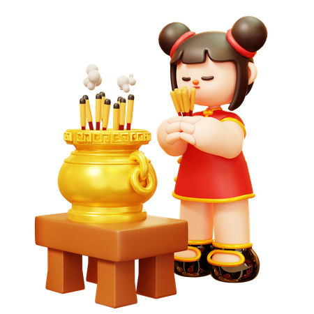 Chinese Girl Praying And Offering Incense  3D Illustration
