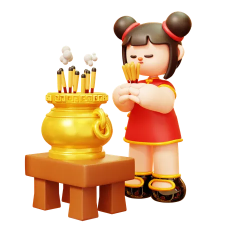 Cute Cartoon 3 D Character Chinese Girl In Red Cheongsam Dress Praying And Offering Front Of Incense Happy Lunar New Year Tradition Chinatown And Chinese New Year Tradition 3D Illustration