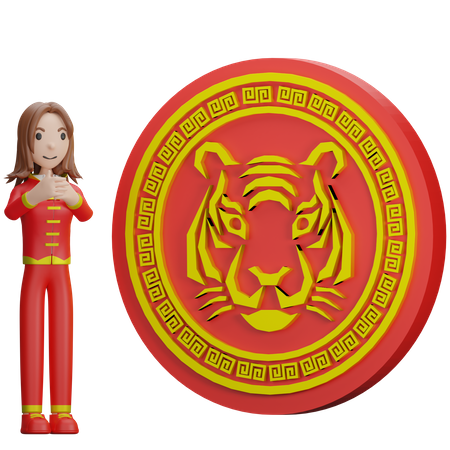 Chinese Girl praying tiger coin  3D Illustration