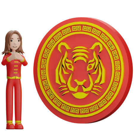 Chinese Girl praying tiger coin  3D Illustration