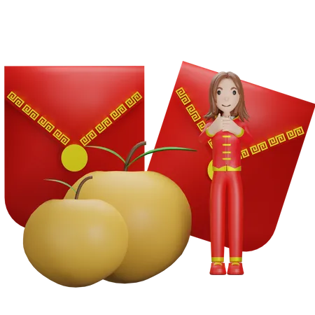 Chinese Girl ready for Chinese new year 3D Illustration