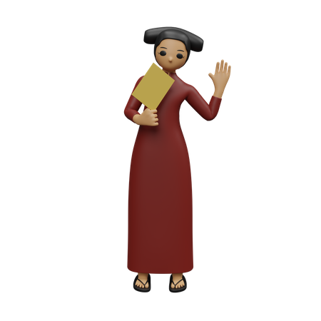 Chinese girl say hey and holding card  3D Illustration