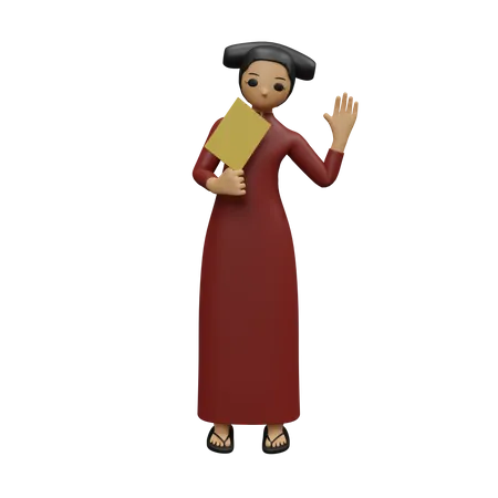 Chinese girl say hey and holding card  3D Illustration