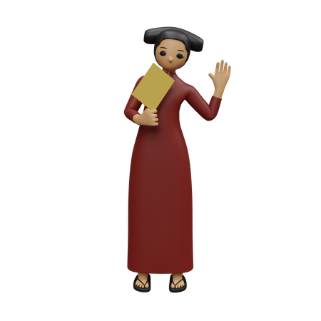 Chinese girl say hey and holding card 3D Illustration