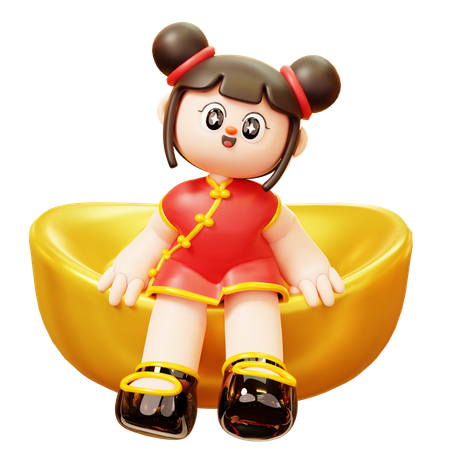 Chinese Girl Sit On Gold Ingot  3D Illustration