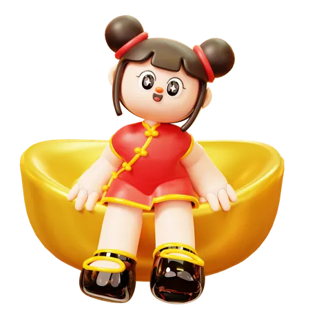 Cute Cartoon 3 D Character Chinese Girl In Red Cheongsam Dress Sit On Gold Ingot Yuan Bao Chinese Gold Coin Happy Lunar New Year Tradition Chinatown And Chinese New Year Tradition 3D Illustration