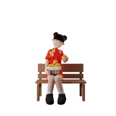 Chinese Girl Sitting With Orange Bucket  3D Illustration