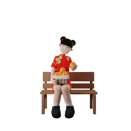 Chinese Girl Sitting With Orange Bucket  3D Illustration