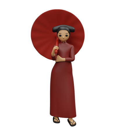 Chinese girl standing while holding umbrella  3D Illustration