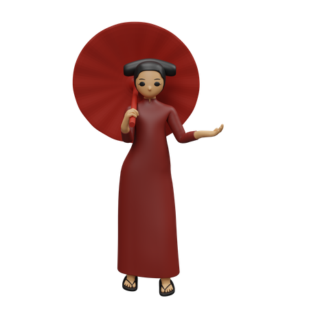 Chinese girl standing with chinese umbrella and showing something at right side  3D Illustration