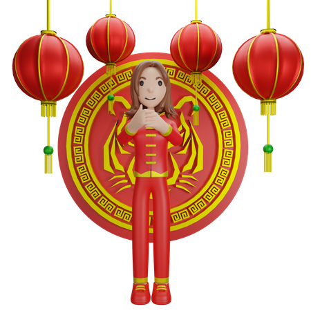 Chinese Girl with Chinese coin 3D Illustration