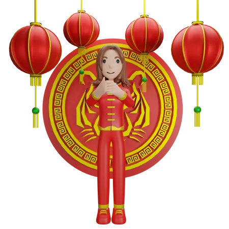 Chinese Girl with Chinese coin 3D Illustration