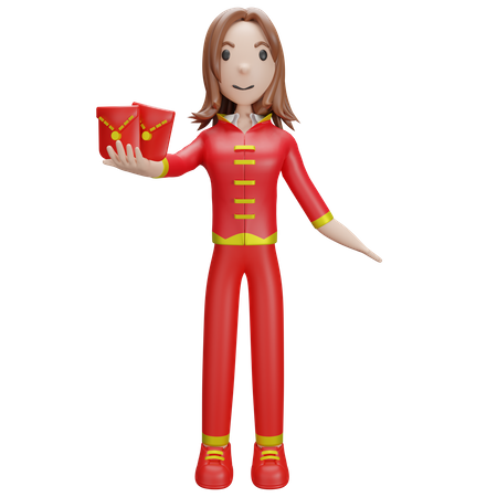 Chinese Girl with Chinese envelope 3D Illustration