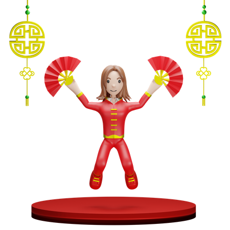 Chinese Girl with Chinese hand fan 3D Illustration