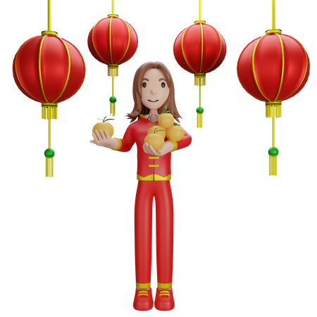 Chinese Girl with Chinese lantern 3D Illustration