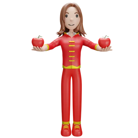 Chinese Girl with Chinese Peach 3D Illustration