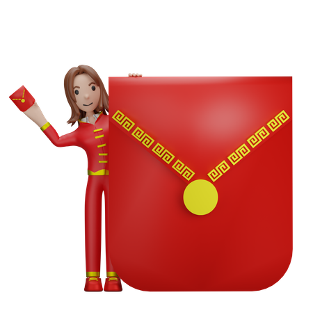 Chinese Girl with Chinese red packets 3D Illustration