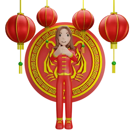 Chinese Girl with Chinese coin  3D Illustration