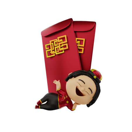 Chinese Girl with Chinese envelope  3D Illustration