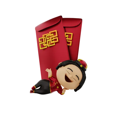 Chinese Girl with Chinese envelope  3D Illustration