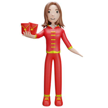 Chinese Girl with Chinese envelope  3D Illustration