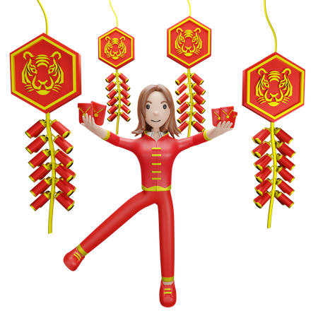 Chinese Girl with Chinese firecracker  3D Illustration