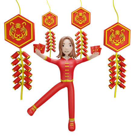 Chinese Girl with Chinese firecracker  3D Illustration