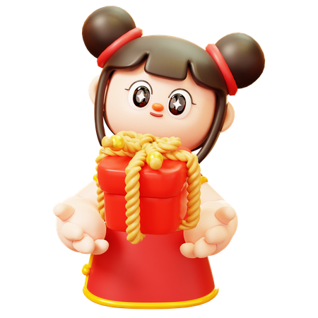 Chinese Girl With Gift Box  3D Illustration