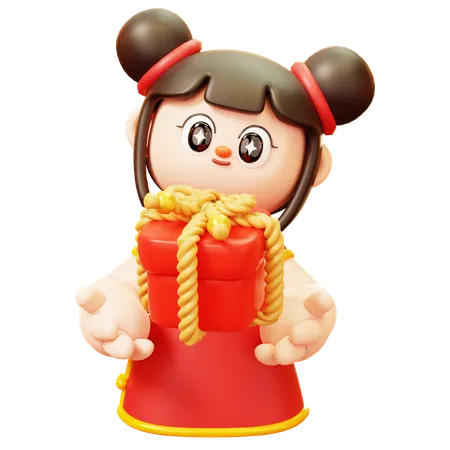 Cute Cartoon 3 D Character Chinese Girl In Red Cheongsam Dress Holding Red Gift Box With Rope Ribbon Happy Lunar New Year Tradition Chinatown And Chinese New Year Tradition 3D Illustration