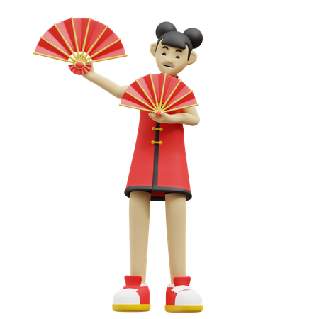 Chinese Girl With Hand Fan  3D Illustration