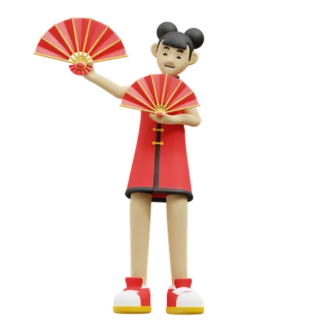Chinese Girl With Hand Fan  3D Illustration