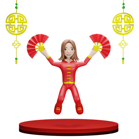 Chinese Girl with Chinese hand fan  3D Illustration