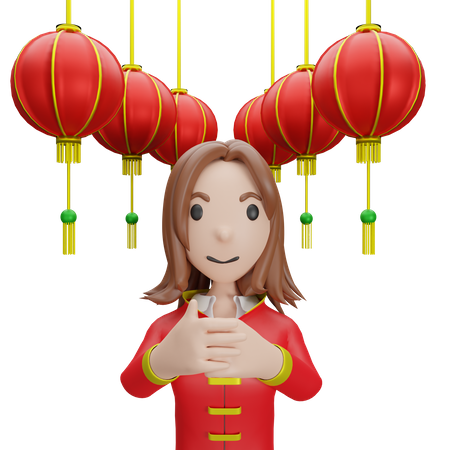 Chinese Girl with Chinese lamp  3D Illustration