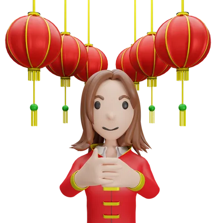 Chinese Girl with Chinese lamp  3D Illustration