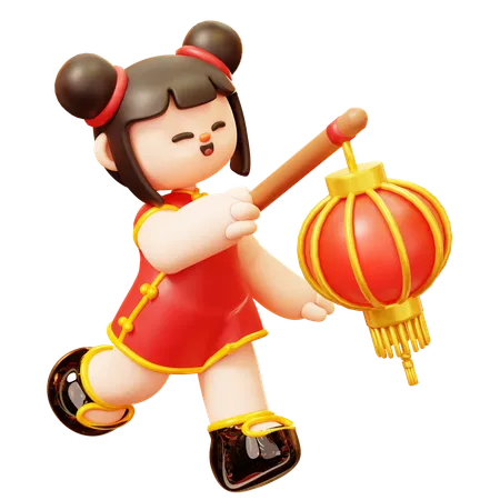 Cute Cartoon 3 D Character Chinese Girl In Red Cheongsam Dress Holding Hanging Chinese Lantern Stick Happy Lunar New Year Tradition Chinatown And Chinese New Year Tradition 3D Illustration