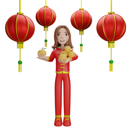 Chinese Girl with Chinese lantern  3D Illustration