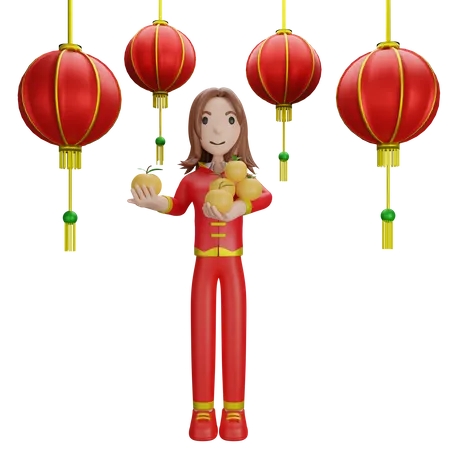 Chinese Girl with Chinese lantern  3D Illustration