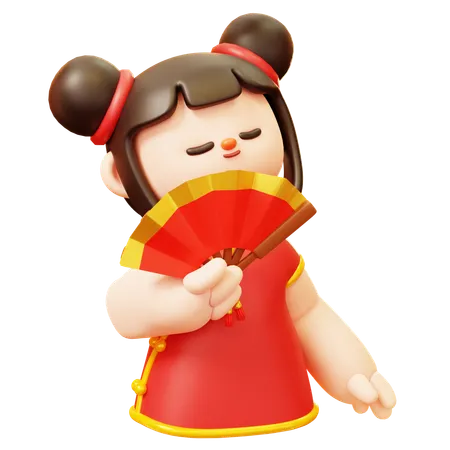 Cute Cartoon 3 D Character Chinese Girl In Red Cheongsam Dress With Paper Fan Hand Folding Fan Red And Gold In China Or Japanese Geisha Happy Lunar New Year Tradition Chinatown And Chinese New Year Tradition 3D Illustration