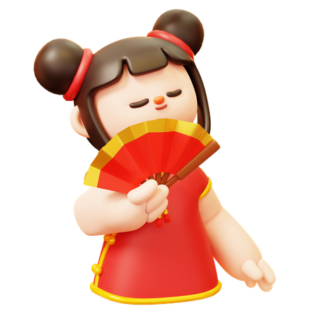 Chinese Girl With Paper Fan  3D Illustration