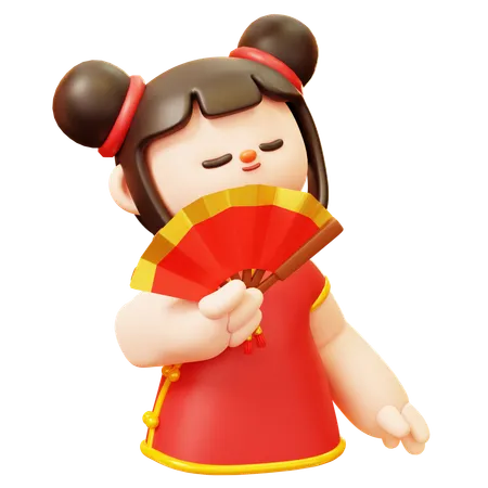 Chinese Girl With Paper Fan  3D Illustration