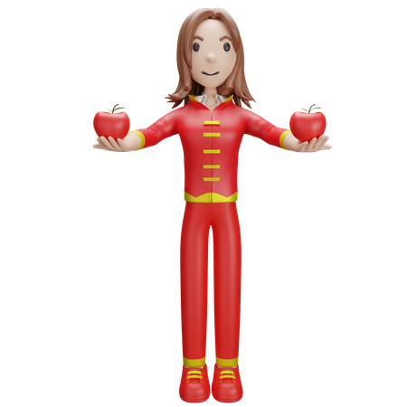 Chinese Girl with Chinese Peach  3D Illustration