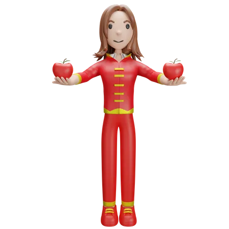 Chinese Girl with Chinese Peach  3D Illustration