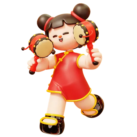 Cute Cartoon 3 D Character Chinese Girl In Red Cheongsam Dress With Rattle Drum Traditional Musical Instruments Joy In Parade Happy Lunar New Year Tradition Chinatown And Chinese New Year Tradition 3D Illustration