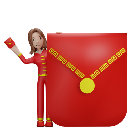 Chinese Girl with Chinese red packets  3D Illustration