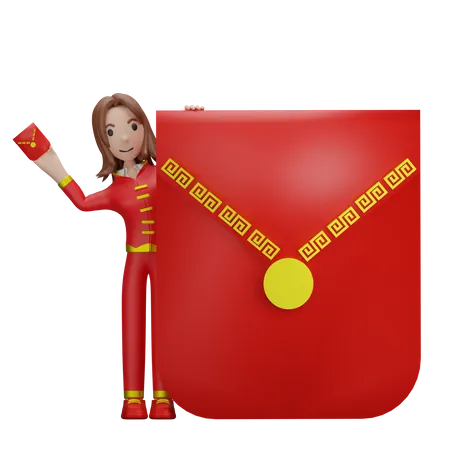 Chinese Girl with Chinese red packets  3D Illustration