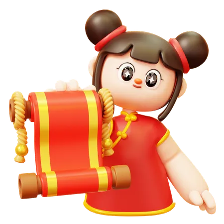 Cute Cartoon 3 D Character Chinese Girl In Red Cheongsam Dress With Scroll Letter Happy Lunar New Year Tradition Chinatown And Chinese New Year Tradition 3D Illustration